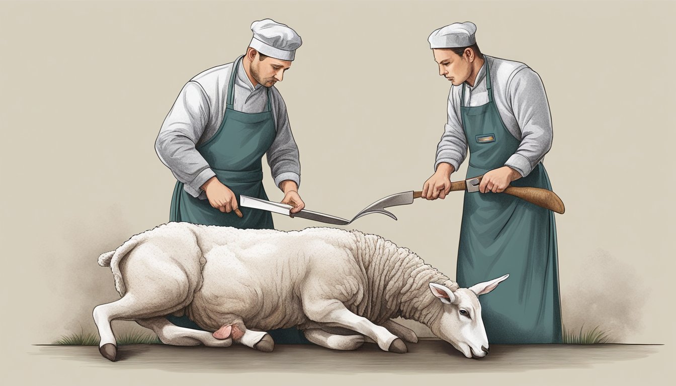 A skilled butcher expertly field dresses a lamb, carefully removing the internal organs and skin with precision