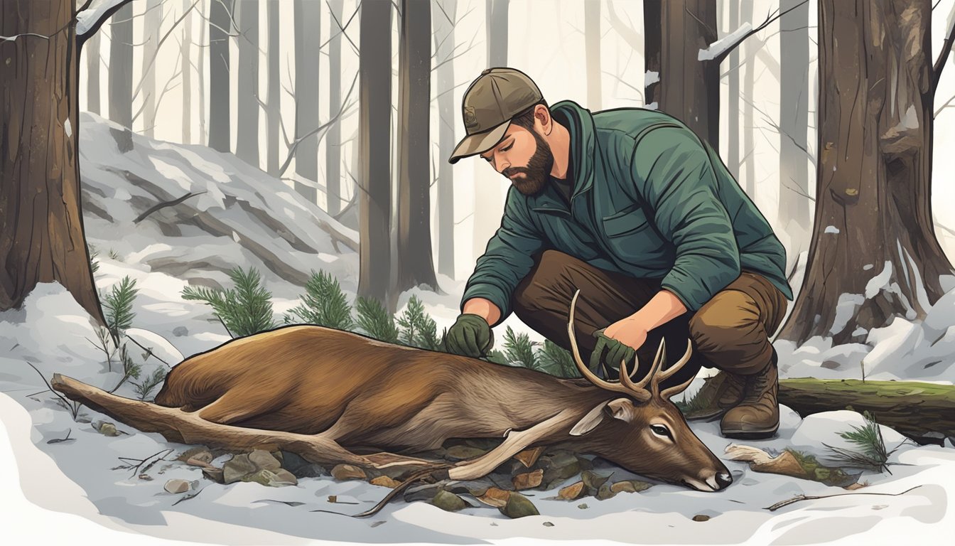 A hunter makes precise cuts on a deer carcass in a forest clearing