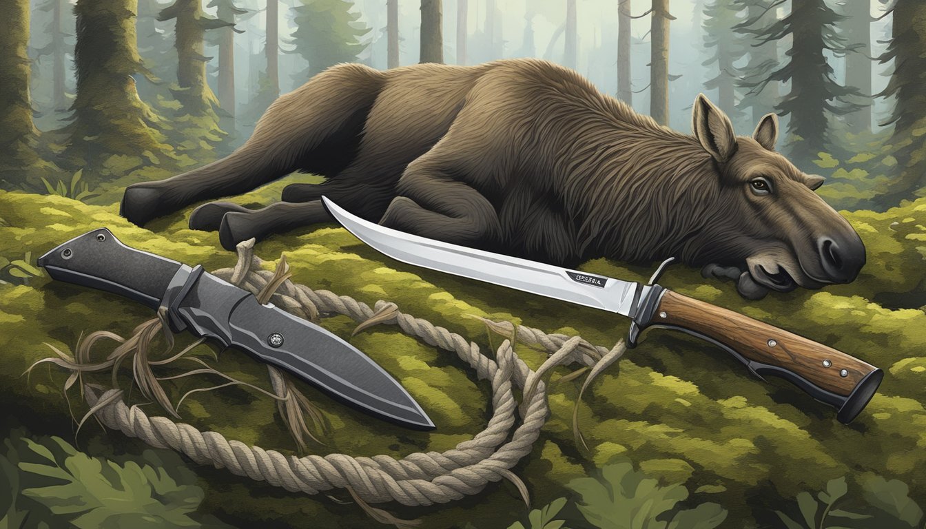 A hunter's knife, rope, and gloves lay on a mossy forest floor near a fresh moose carcass