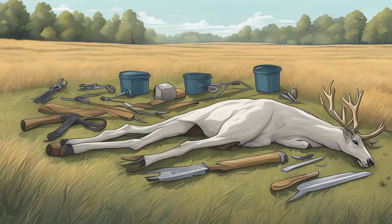 A deer carcass laid out in a field, with tools and equipment for field dressing scattered around