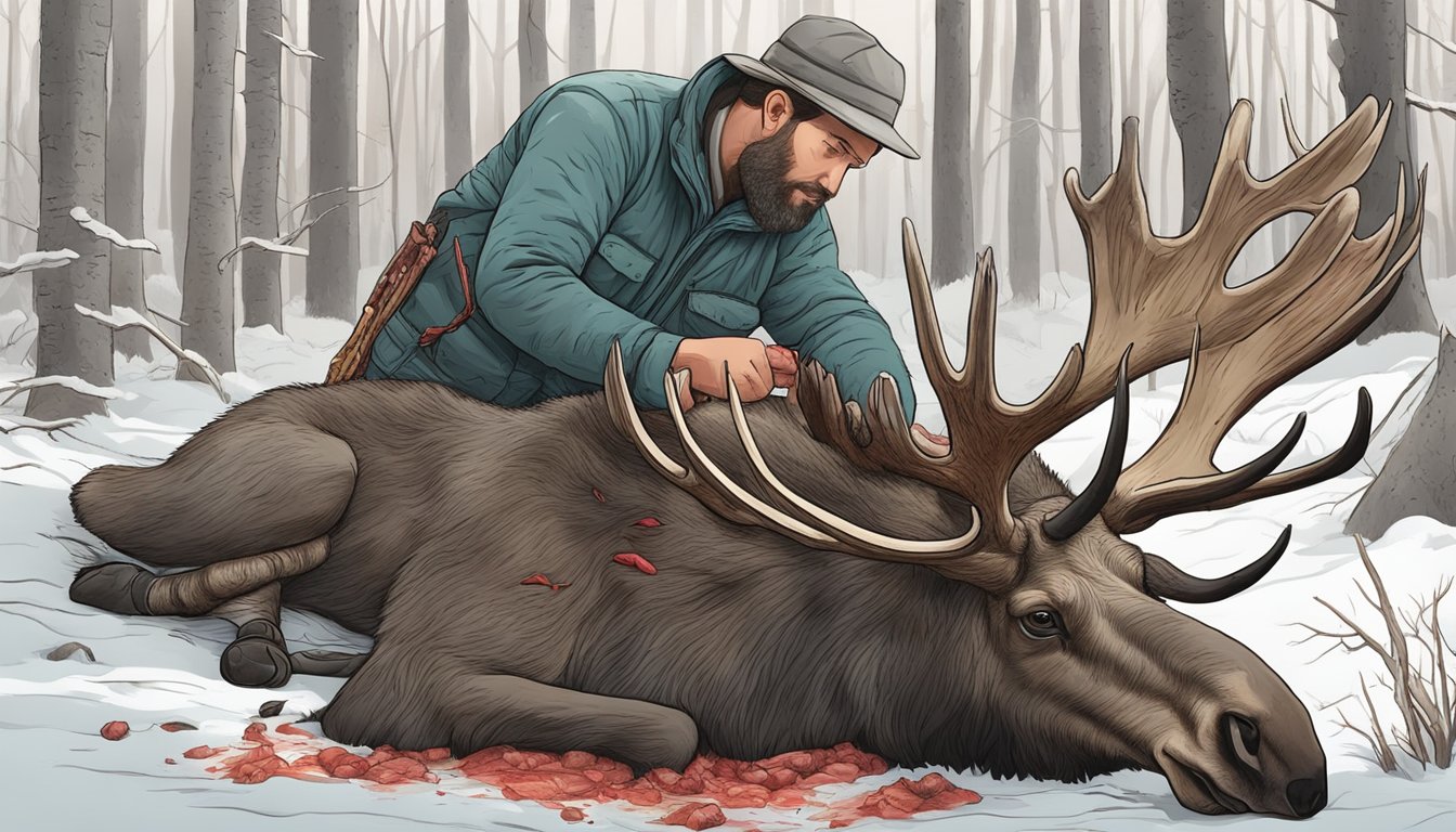 A hunter carefully removes the internal organs from a freshly killed moose, with blood and entrails scattered around