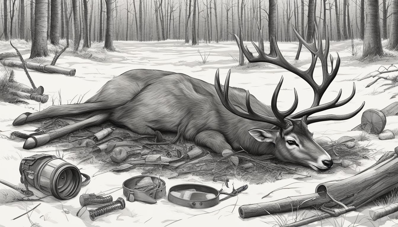 A deer carcass lies on the ground, surrounded by hunting tools and equipment. The forest provides a natural backdrop for the scene