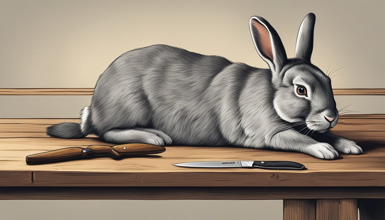 A rabbit lying on a wooden table with a knife and a pair of gloves next to it