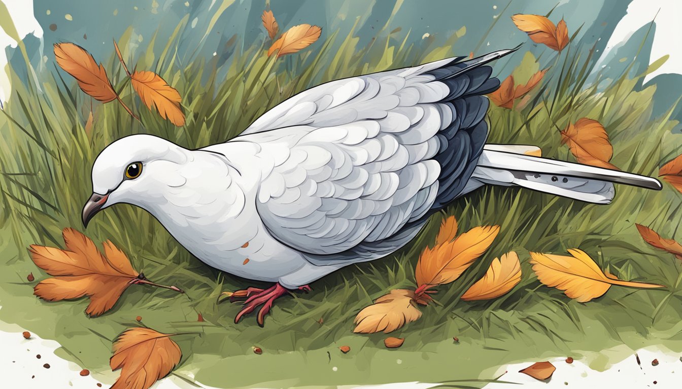 A dove lies on the ground, surrounded by scattered feathers and a small knife. Blood stains the grass nearby