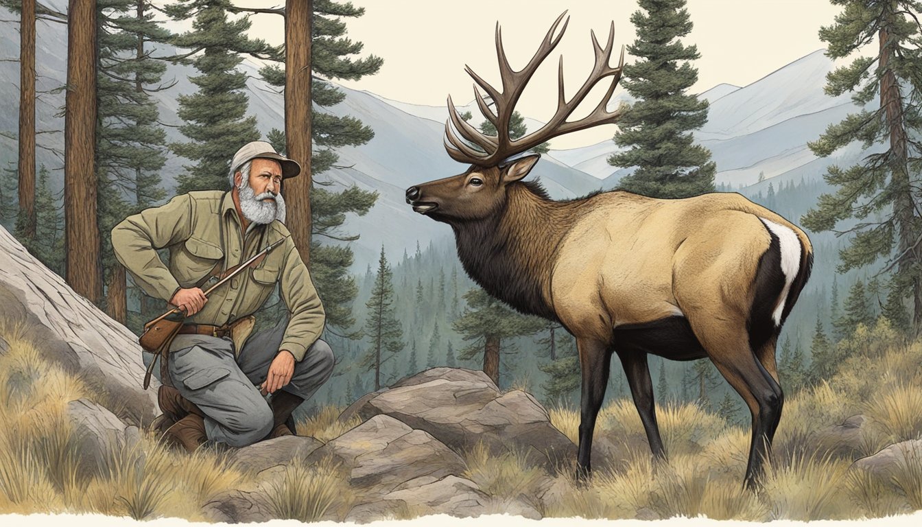 An experienced hunter demonstrates field dressing an elk in a mountainous wilderness setting