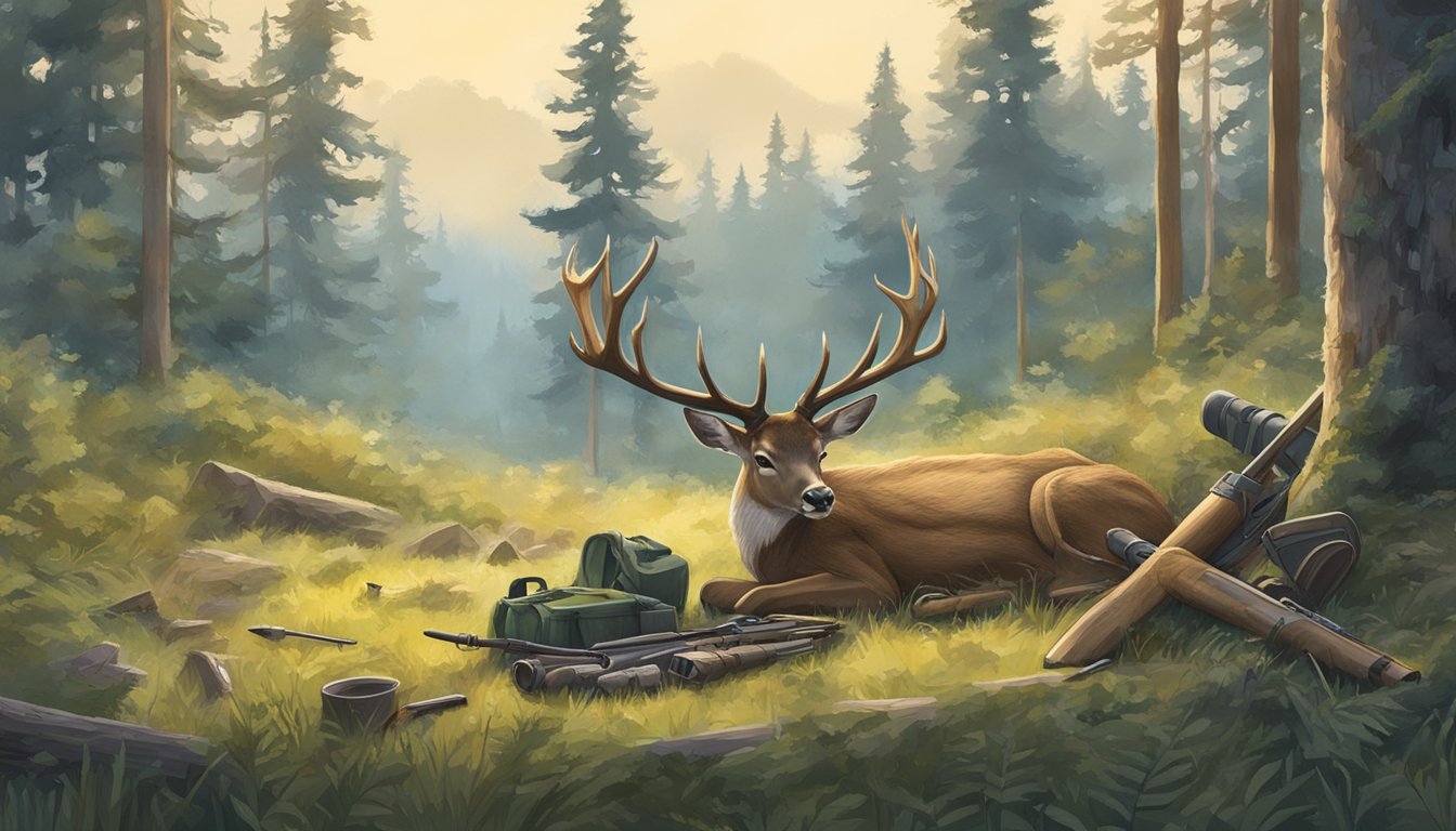 A deer lies in a clearing, its side exposed, surrounded by tools and a hunter's pack. The forest looms in the background, creating a sense of isolation and urgency