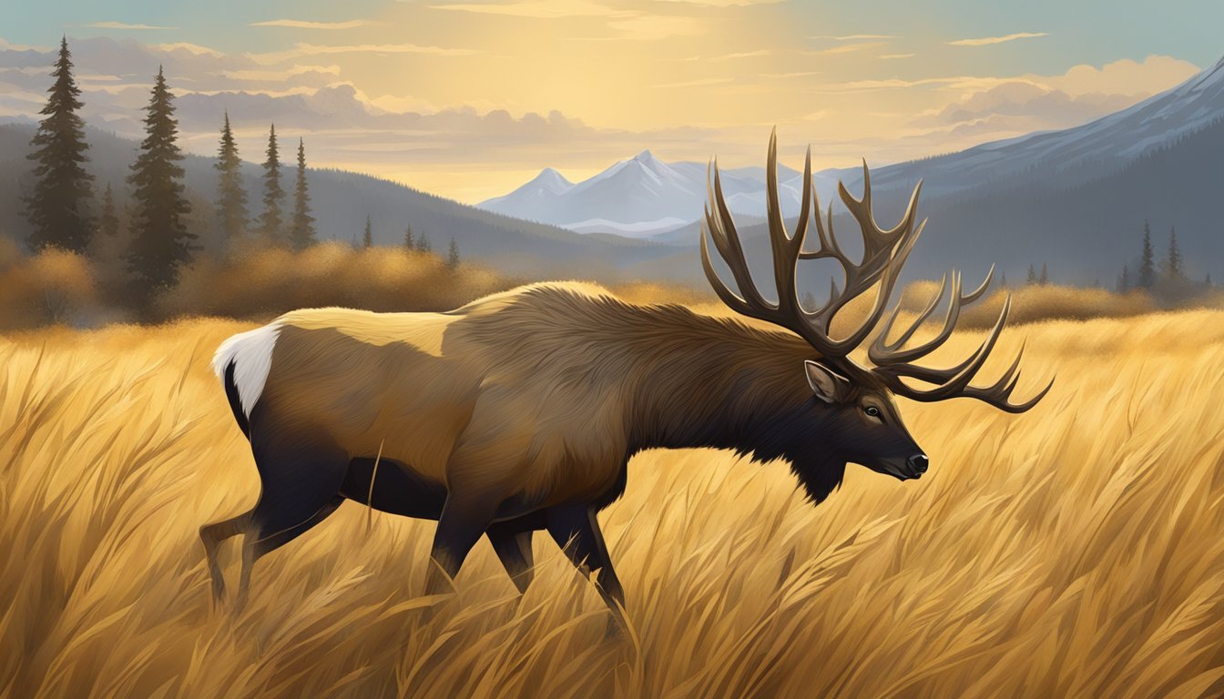 A hunter carries a freshly harvested elk through a golden field, surrounded by tall grass and distant mountains