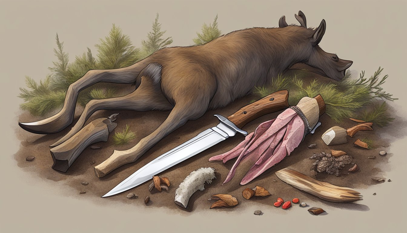 A hunter's knife, blood-stained gloves, and a pile of discarded animal parts lay on the ground next to a freshly skinned elk carcass