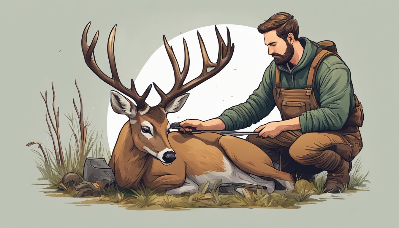 A hunter cleans and sharpens their knife, then carefully removes the entrails from a deer with a gut shot