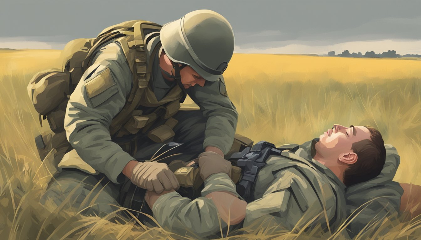 A soldier applying a pressure dressing to a wounded comrade's leg in a field setting