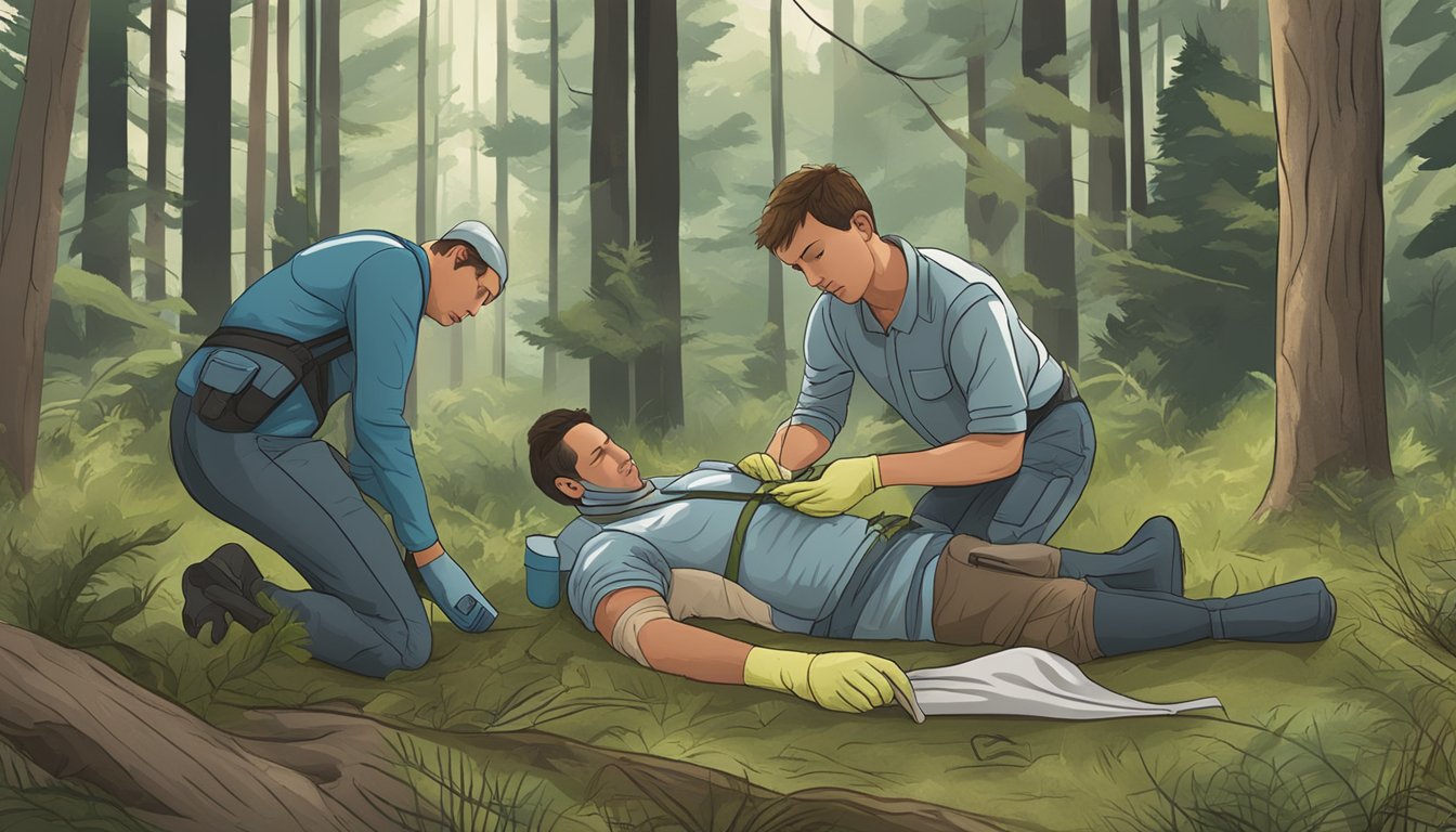 A field dressing and pressure dressing being applied to a wound in a forest clearing