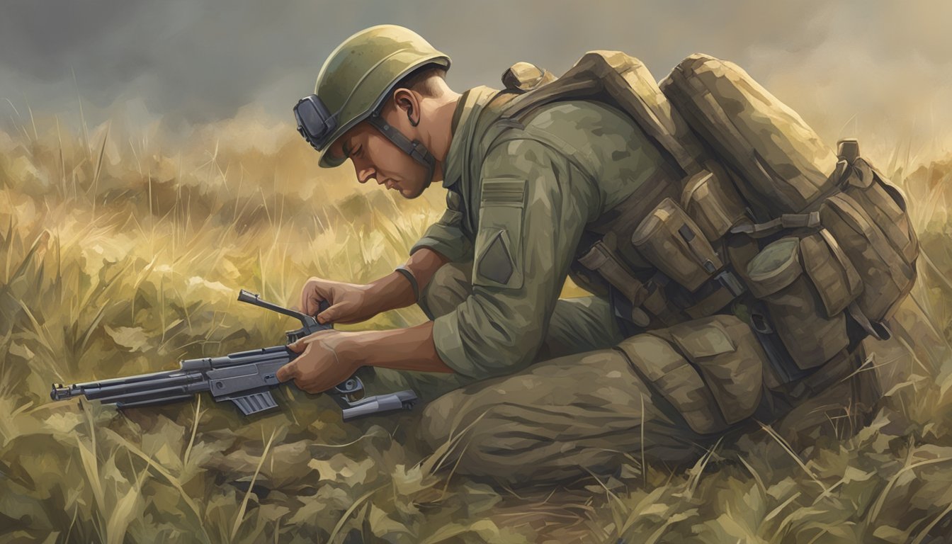 A soldier carefully cleans and bandages a lasgun wound in a field setting