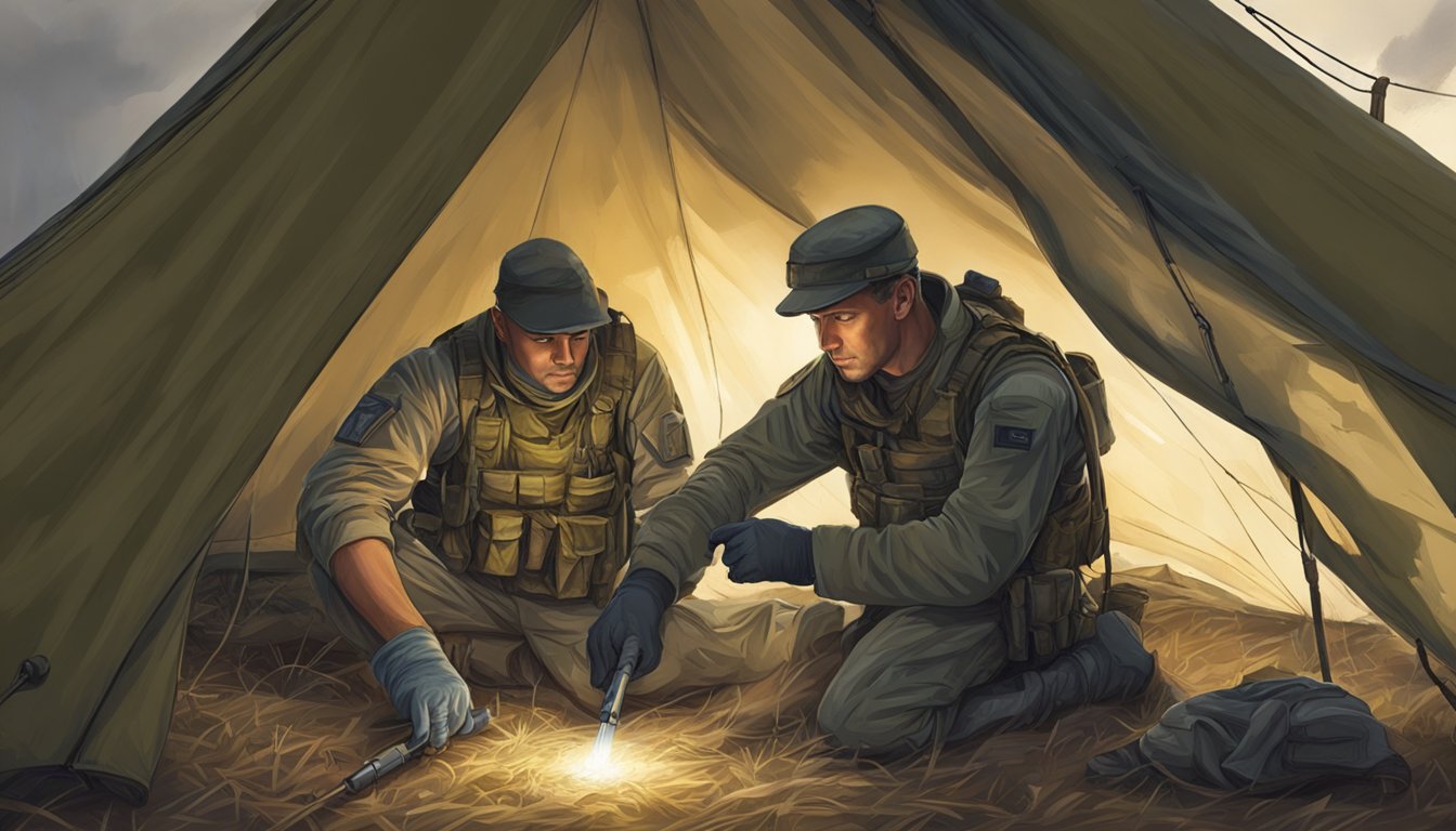 A soldier carefully cleans and dresses a lasgun wound in a dimly lit field tent