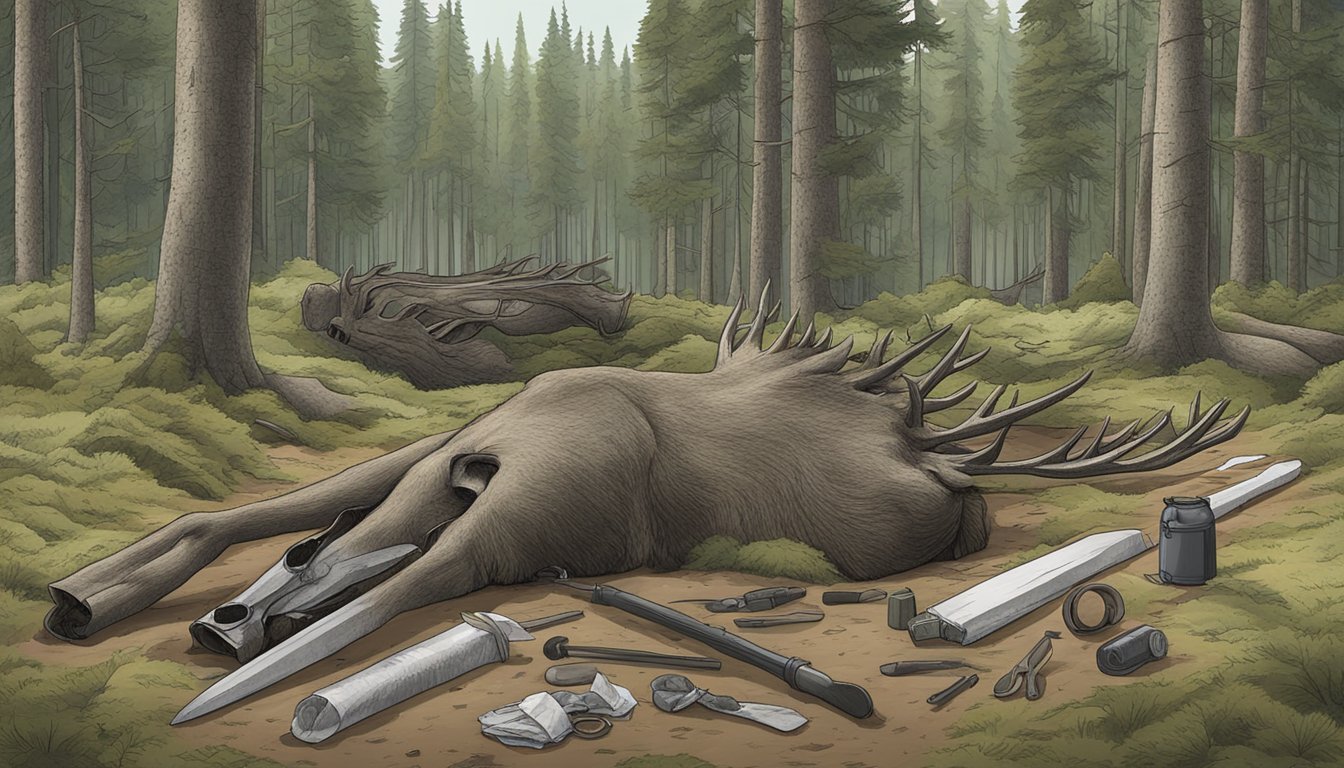 A moose carcass laid out in a forest clearing, surrounded by essential gear for field dressing and quartering