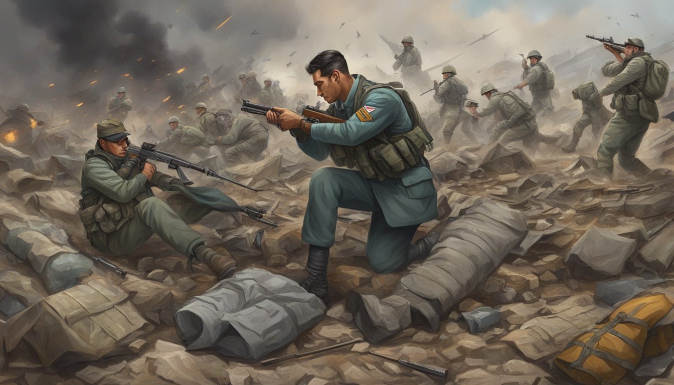 A medic tends to a lasgun wound amid a chaotic battlefield