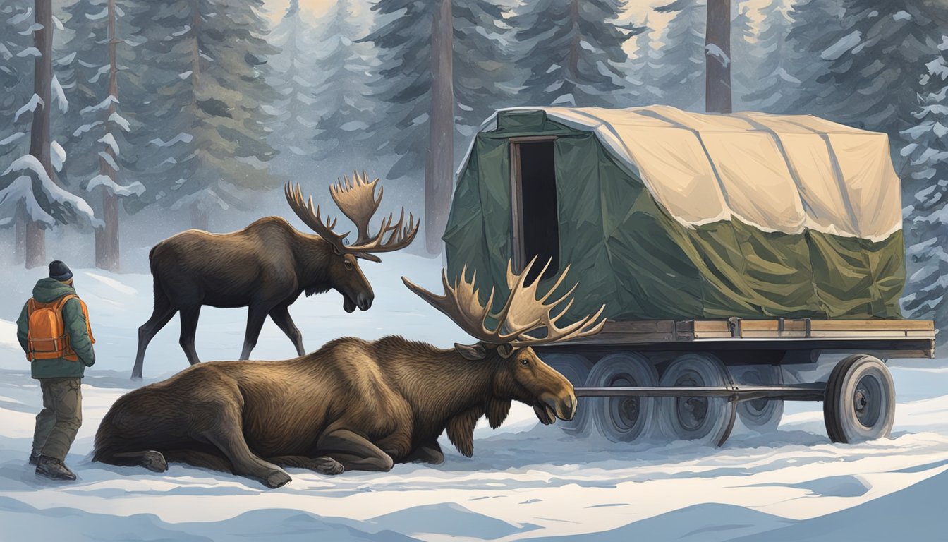 A hunter hauls a moose carcass on a trailer, while another person quarters the animal in a snowy forest clearing