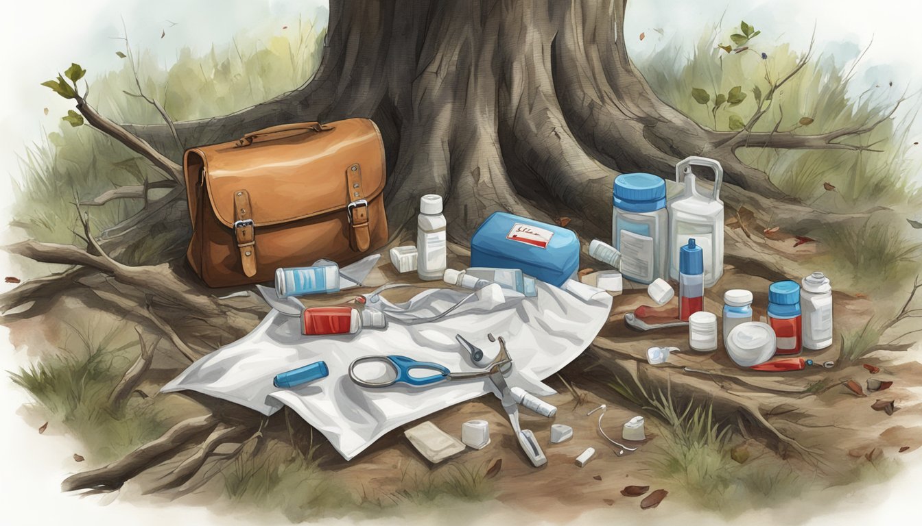 A field dressing bag hangs from a tree branch, surrounded by scattered medical supplies and a blood-stained cloth