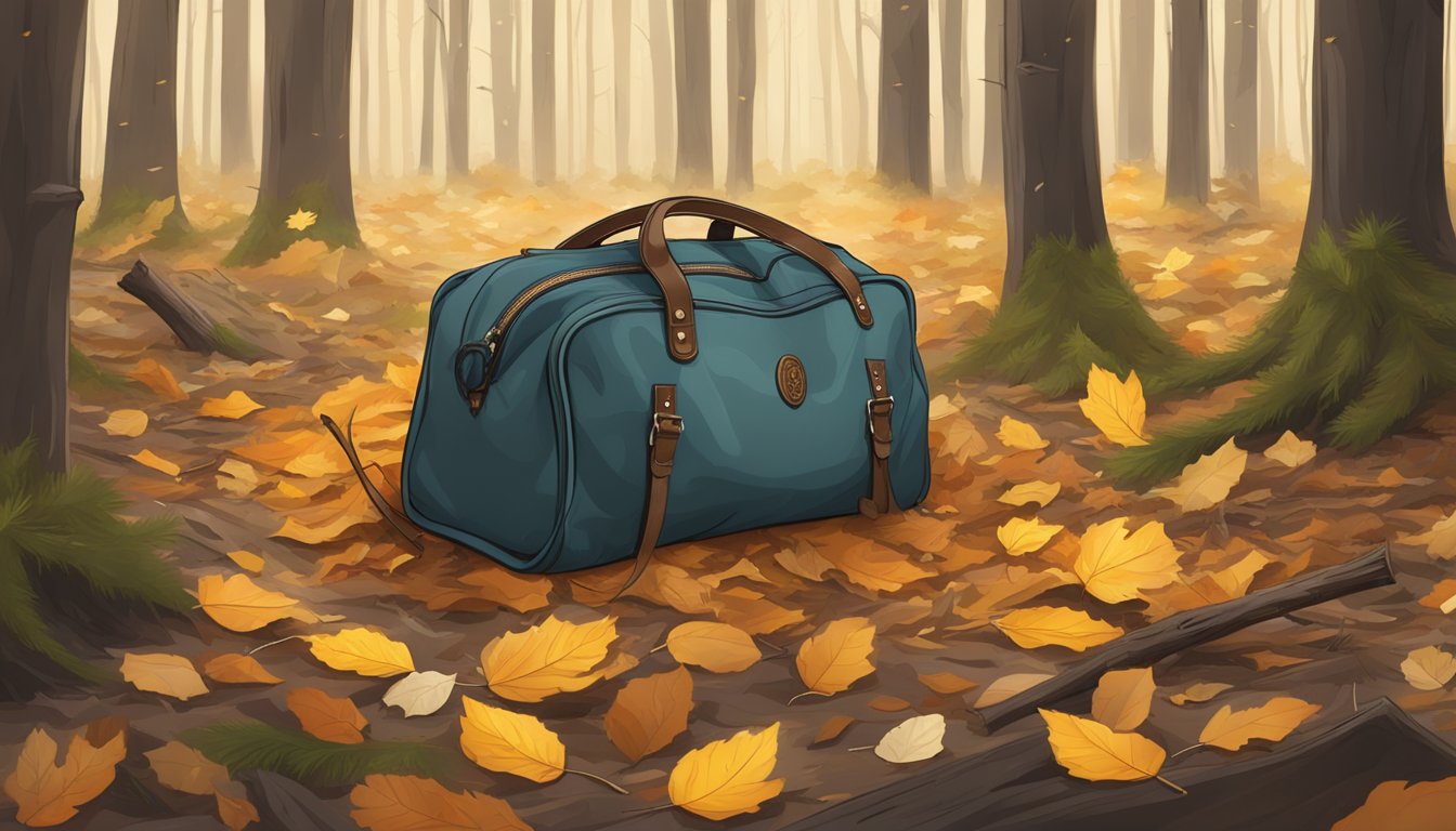 A field dressing bag hanging from a tree branch in a forest clearing, surrounded by fallen leaves and scattered pine needles