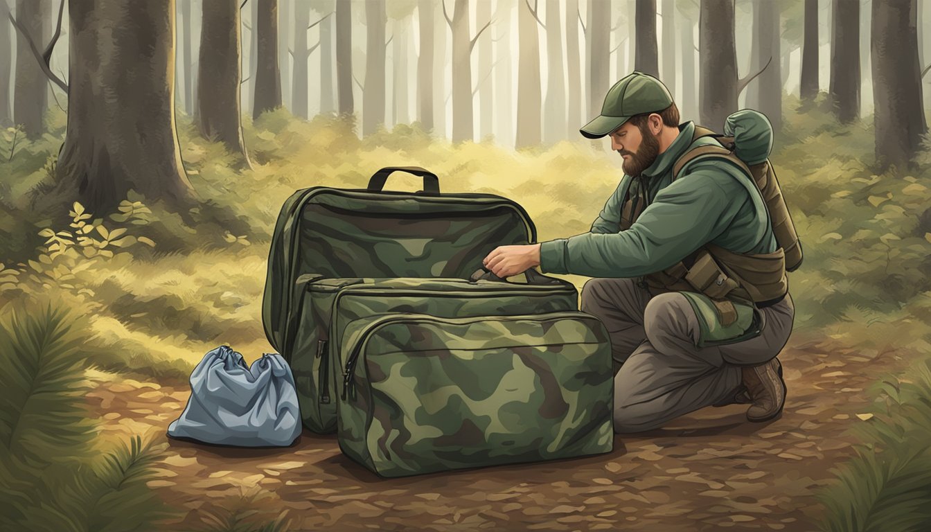 A hunter's hands open a camo field dressing bag in a forest clearing