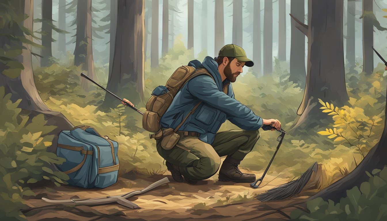 A hunter kneeling in the forest, using a field dressing bag to carefully clean and pack the fresh game they have just hunted