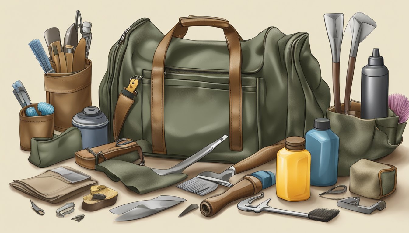 A field dressing bag being cleaned and maintained with various tools and supplies scattered around