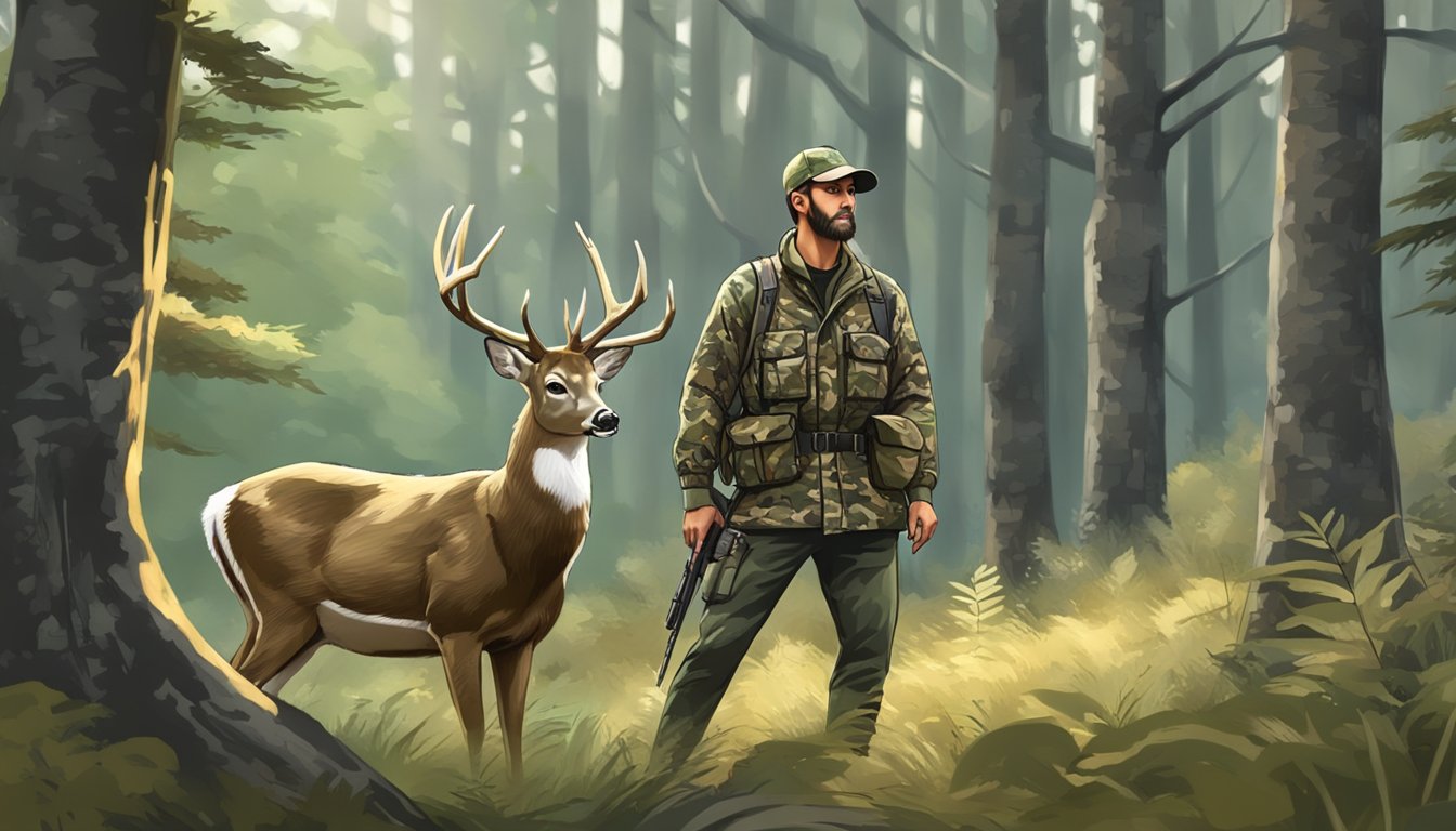 A hunter in camouflage field dresses a white tailed deer in a forest clearing