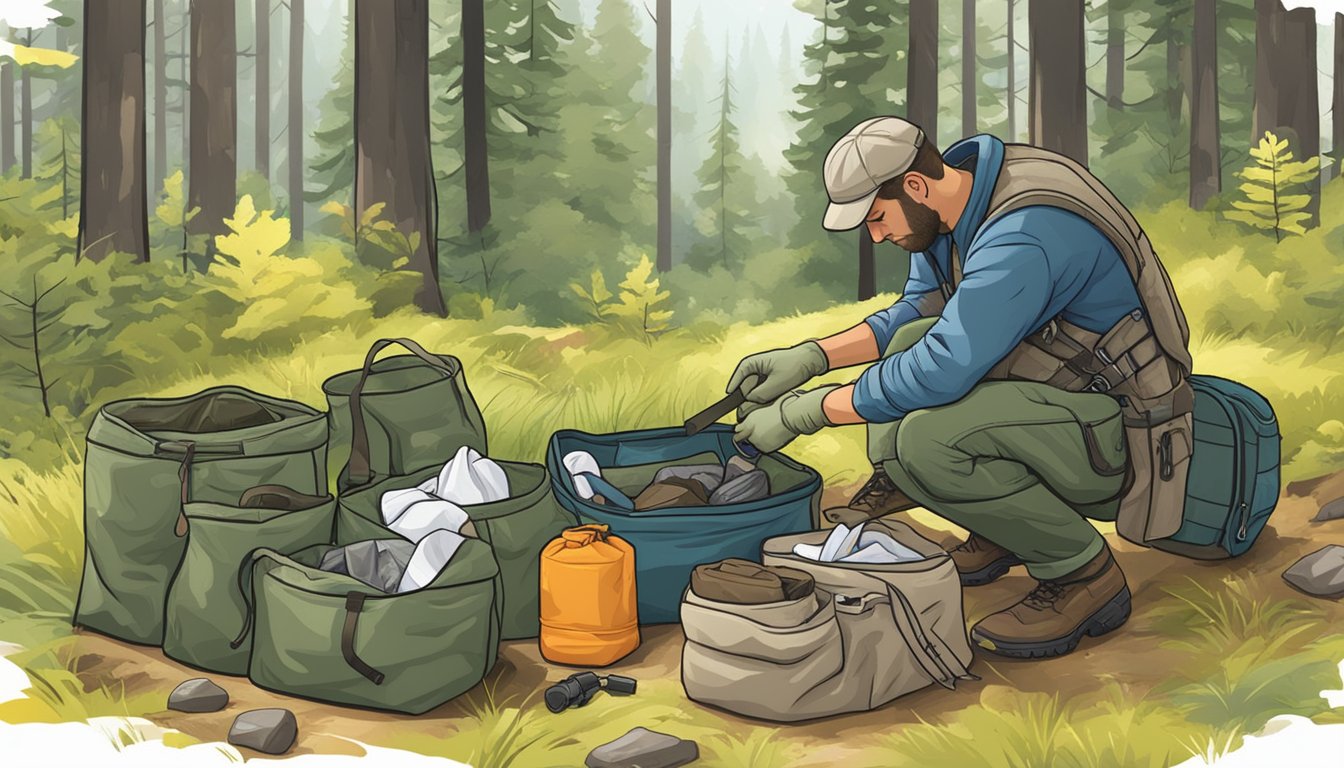 A hunter unpacks field dressing bags in a forest clearing