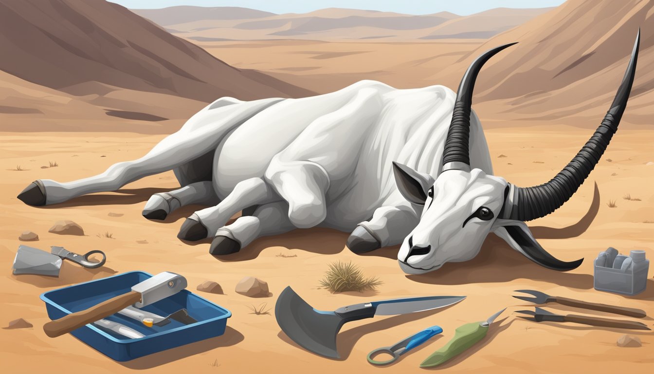 An oryx lies on the dry desert ground, surrounded by tools for field dressing. A knife, gloves, and a container for organs are ready for use