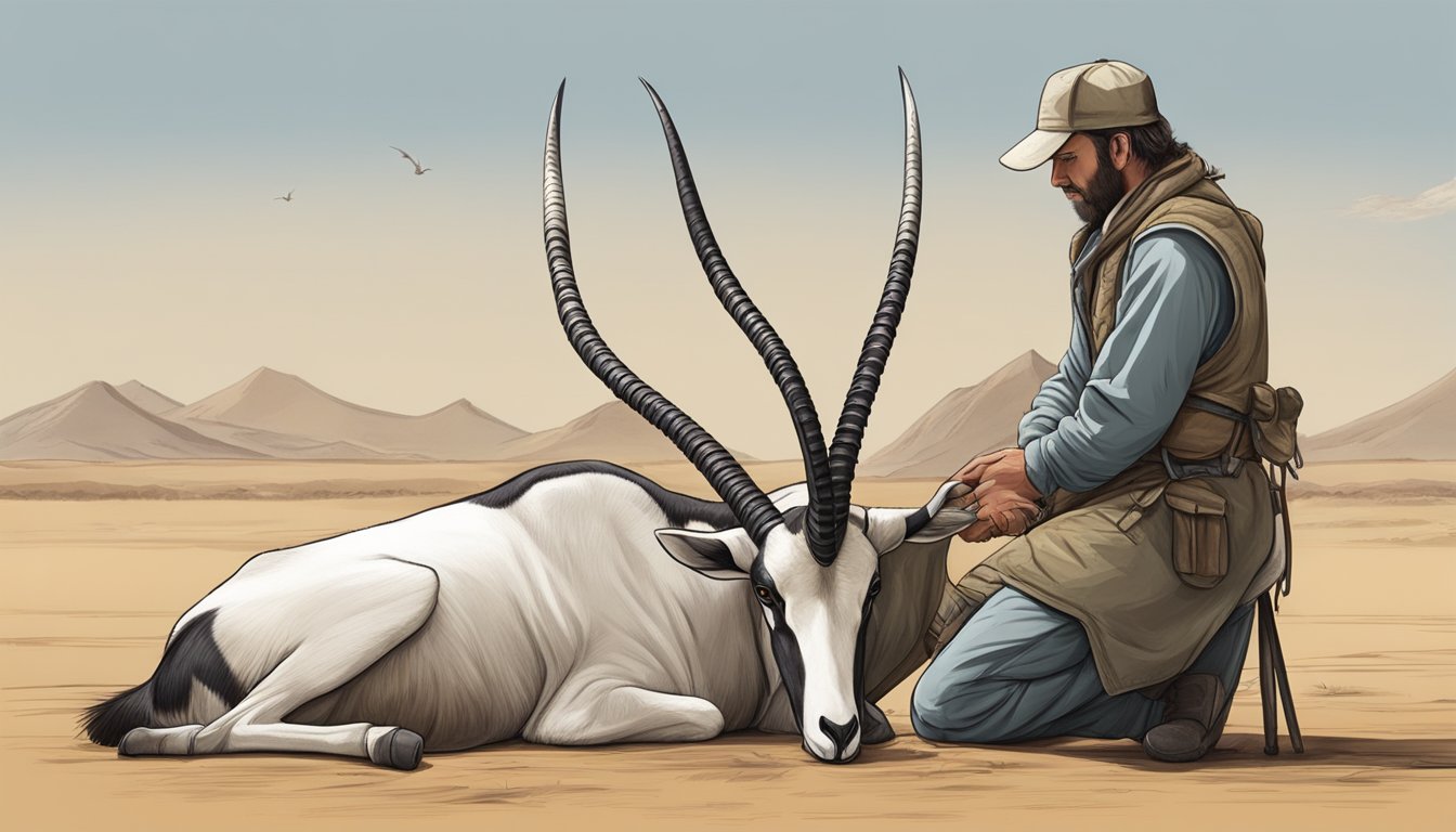 A hunter expertly field dresses an oryx, carefully removing its hide and organs