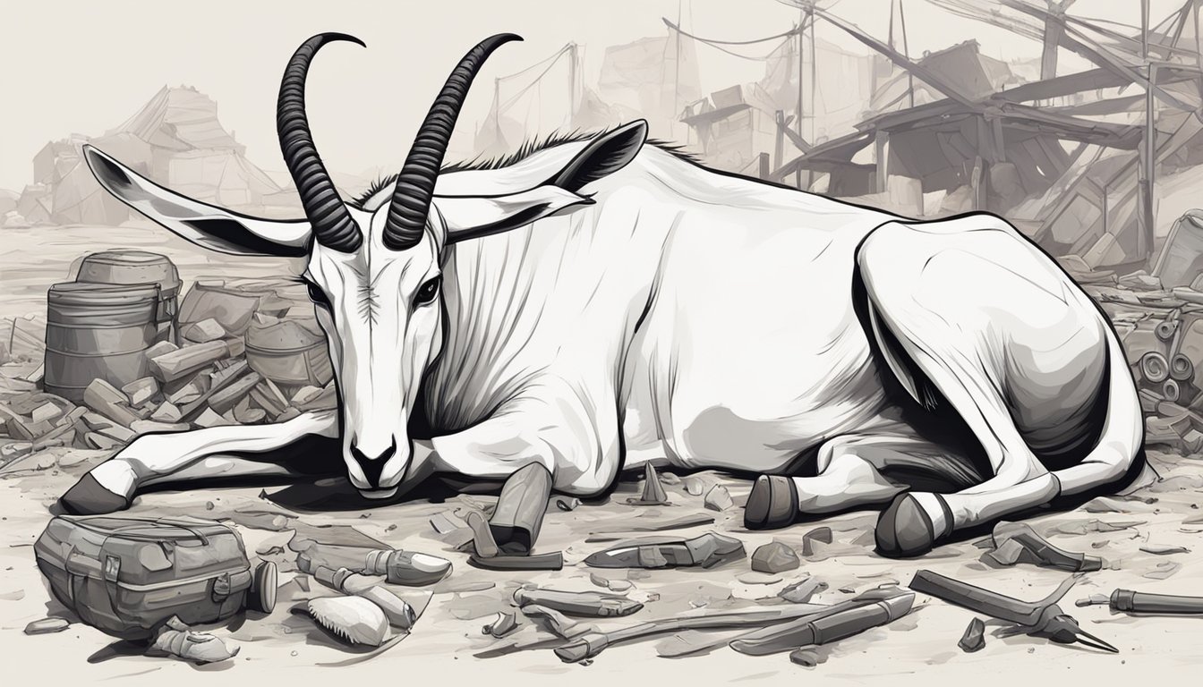 An oryx lies on the ground, surrounded by tools and discarded parts. Blood stains the earth, and the air is heavy with the scent of fresh meat