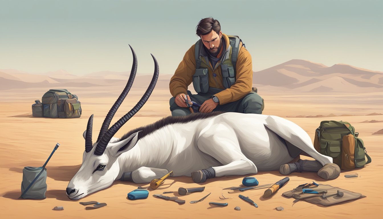 An oryx lies on the desert floor, surrounded by tools and a discarded backpack. A hunter kneels beside it, carefully field dressing the animal