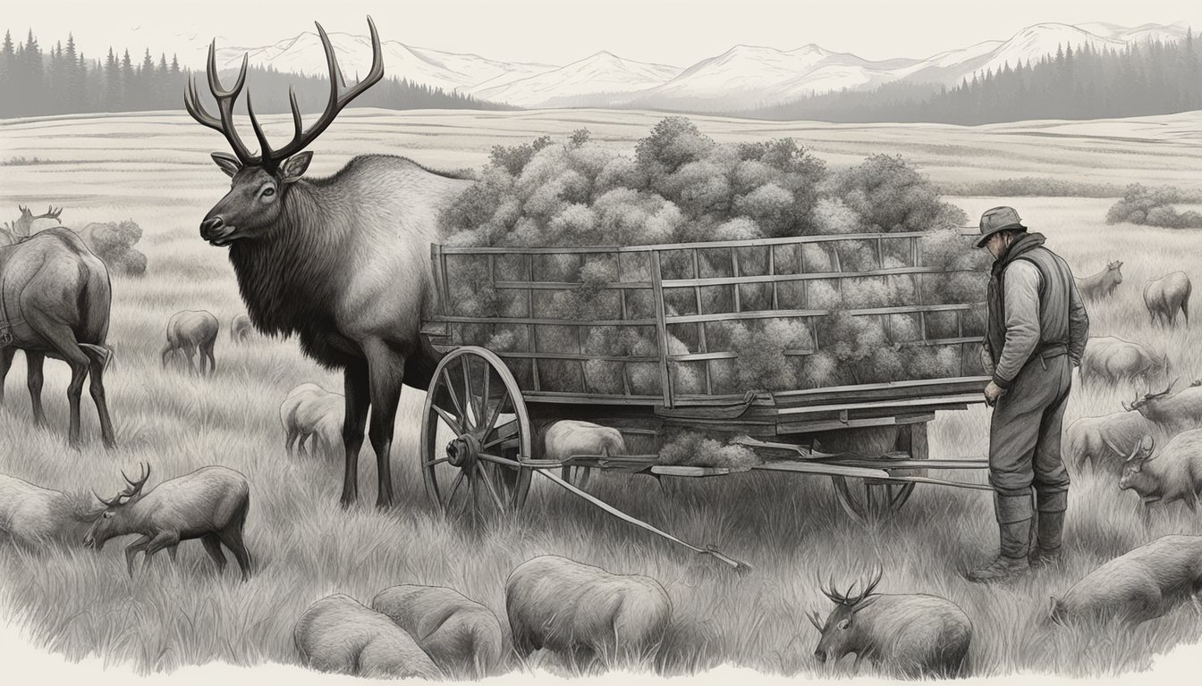 An elk carcass being transported from a harvest field, being dressed and quartered