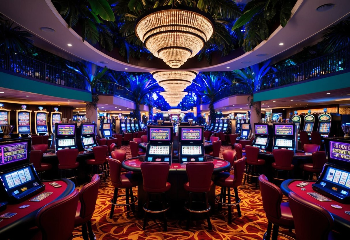 A bustling casino filled with neon lights, slot machines, and card tables, surrounded by a vibrant jungle setting