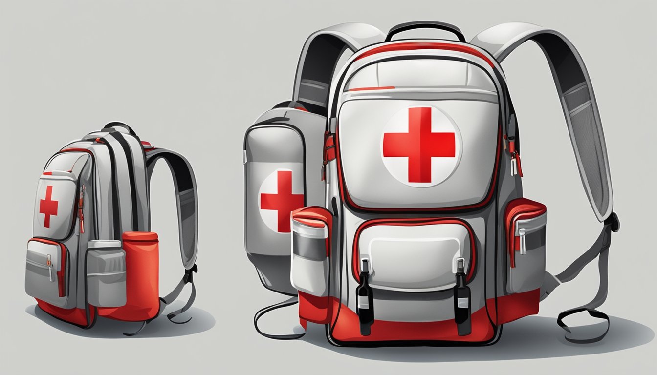 A backpack with a field dressing kit, featuring a bright red cross symbol, set against a clean and sterile white background