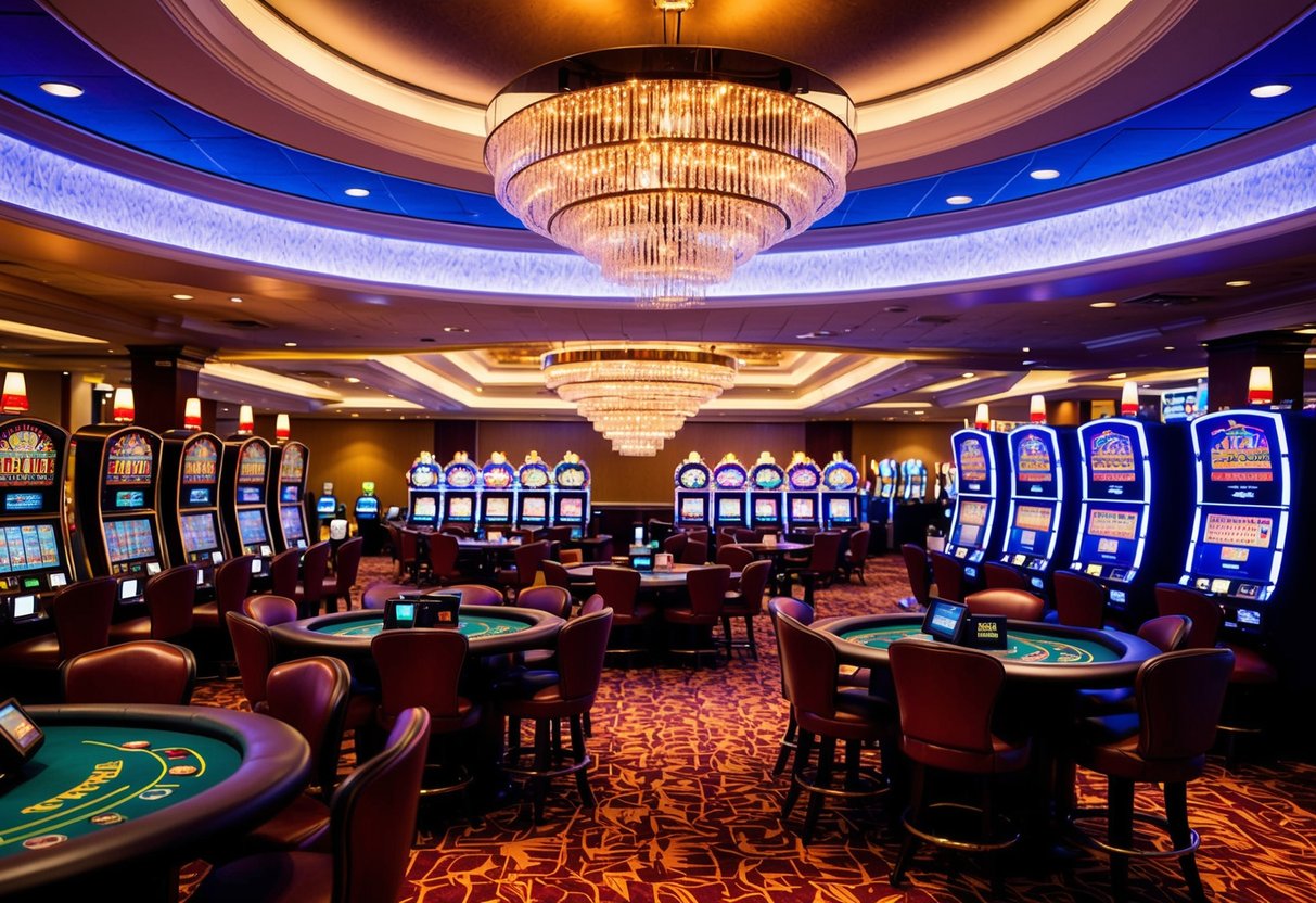 A bustling casino with neon lights, slot machines, card tables, and a lively atmosphere