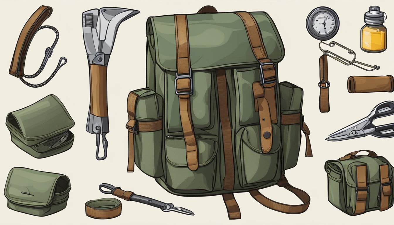 A field dressing backpack hangs from a tree branch, with various compartments and tools neatly organized and easily accessible for use in the wilderness