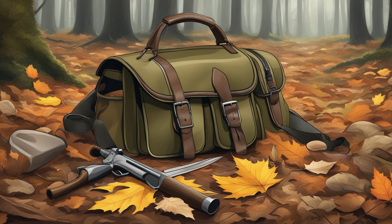 A hunter's field dressing bag open on the ground, surrounded by fallen leaves and twigs in a forest clearing