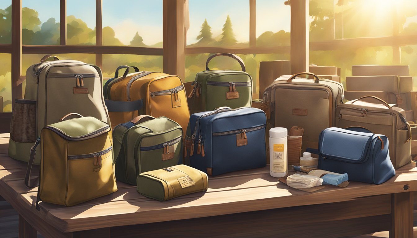 Various top brands' field dressing bags displayed on a wooden table at an outdoor market. Bright sunlight illuminates the products, showcasing their durability and functionality