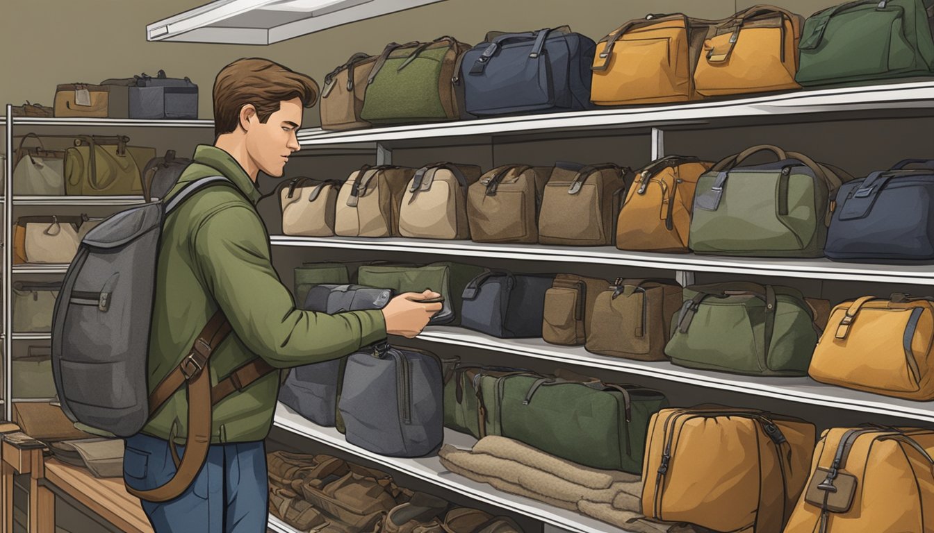 A hunter browsing through a variety of field dressing bags displayed on a shelf in a hunting supply store