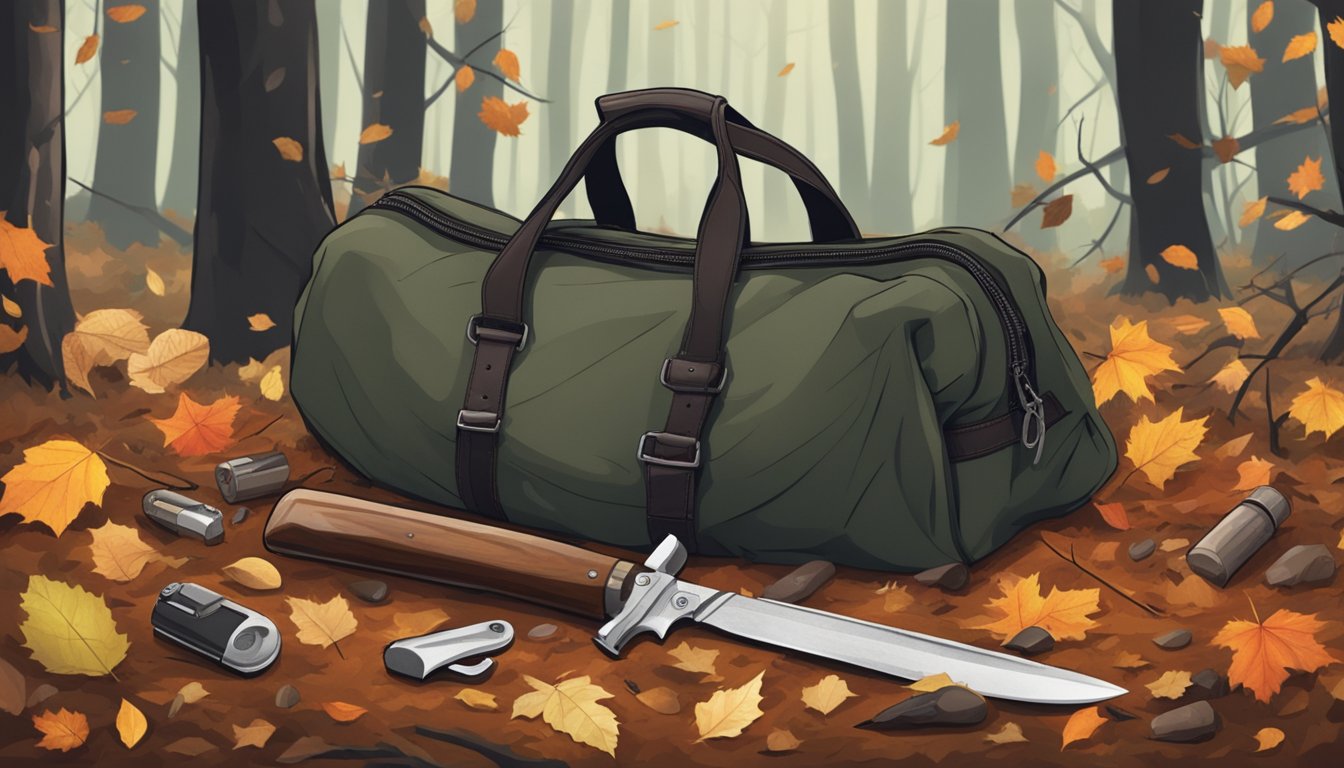 A field dressing bag open on a forest floor, surrounded by fallen leaves and branches, with a hunting knife and a blood-stained cloth next to it