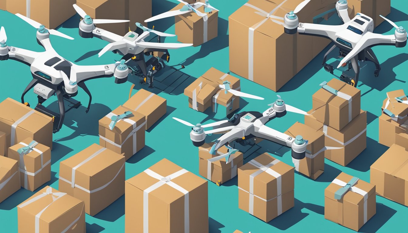 Robotic arms sorting and loading holiday packages onto delivery drones