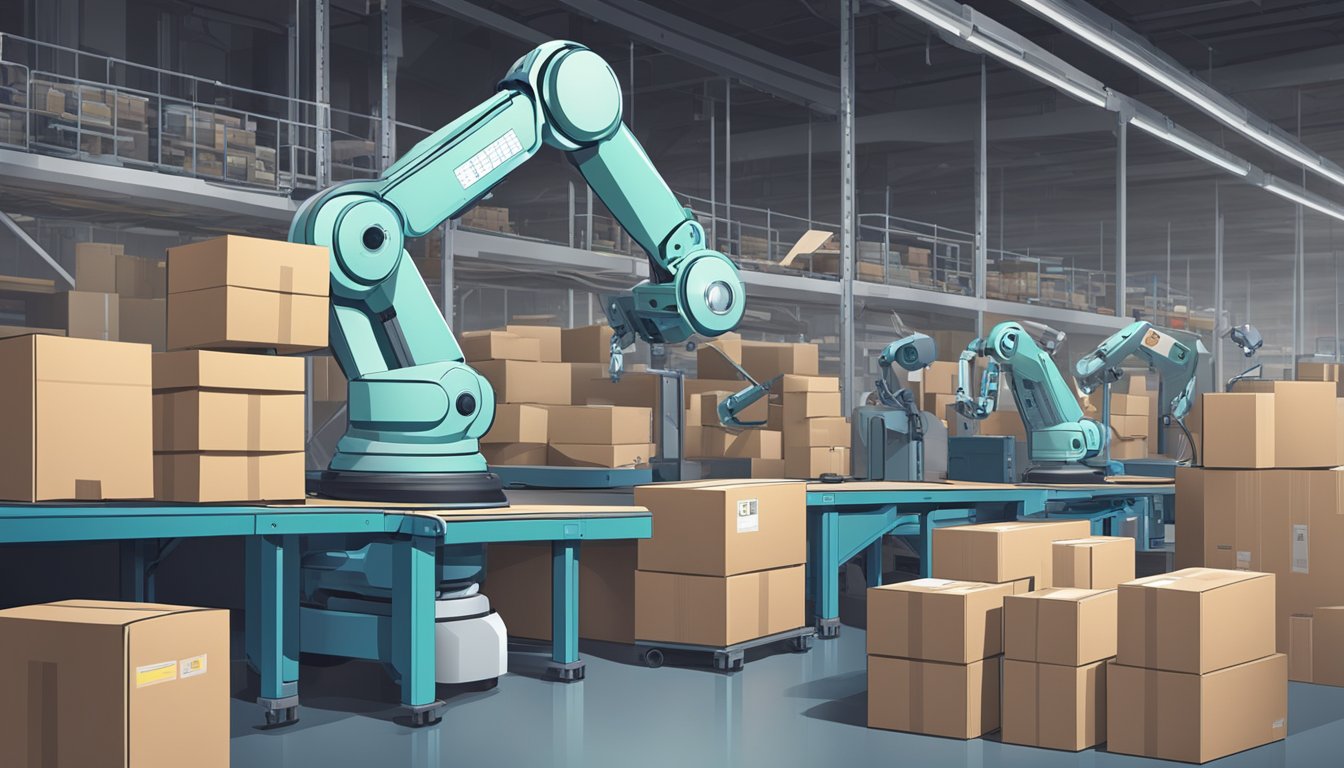 A robotic arm in a warehouse uses artificial intelligence to efficiently sort and package holiday items for shipping