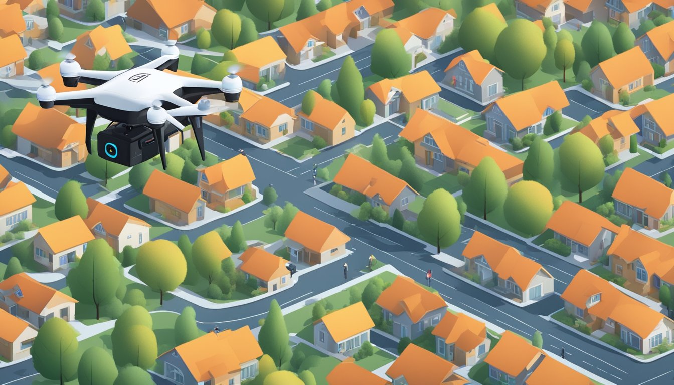 An AI-powered delivery drone hovers over a suburban neighborhood, dropping off holiday packages with precision and efficiency