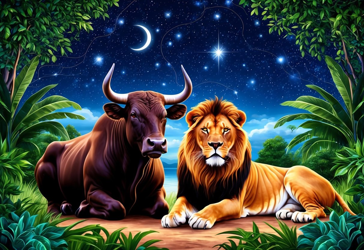 A majestic bull and lion basking under a starry night sky, surrounded by lush greenery and a tranquil atmosphere