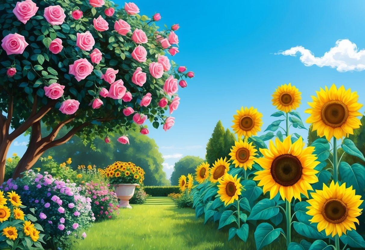 A lush garden with blooming roses and vibrant sunflowers under a clear blue sky, symbolizing the passionate and stable connection between Taurus and Leo