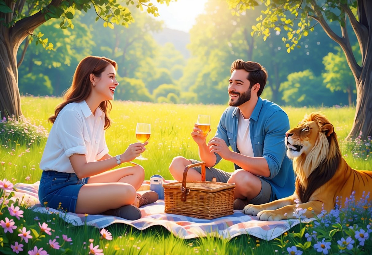 A Taurus and Leo enjoying a picnic together in a lush, sunlit meadow, surrounded by blooming flowers and sharing laughter and good conversation