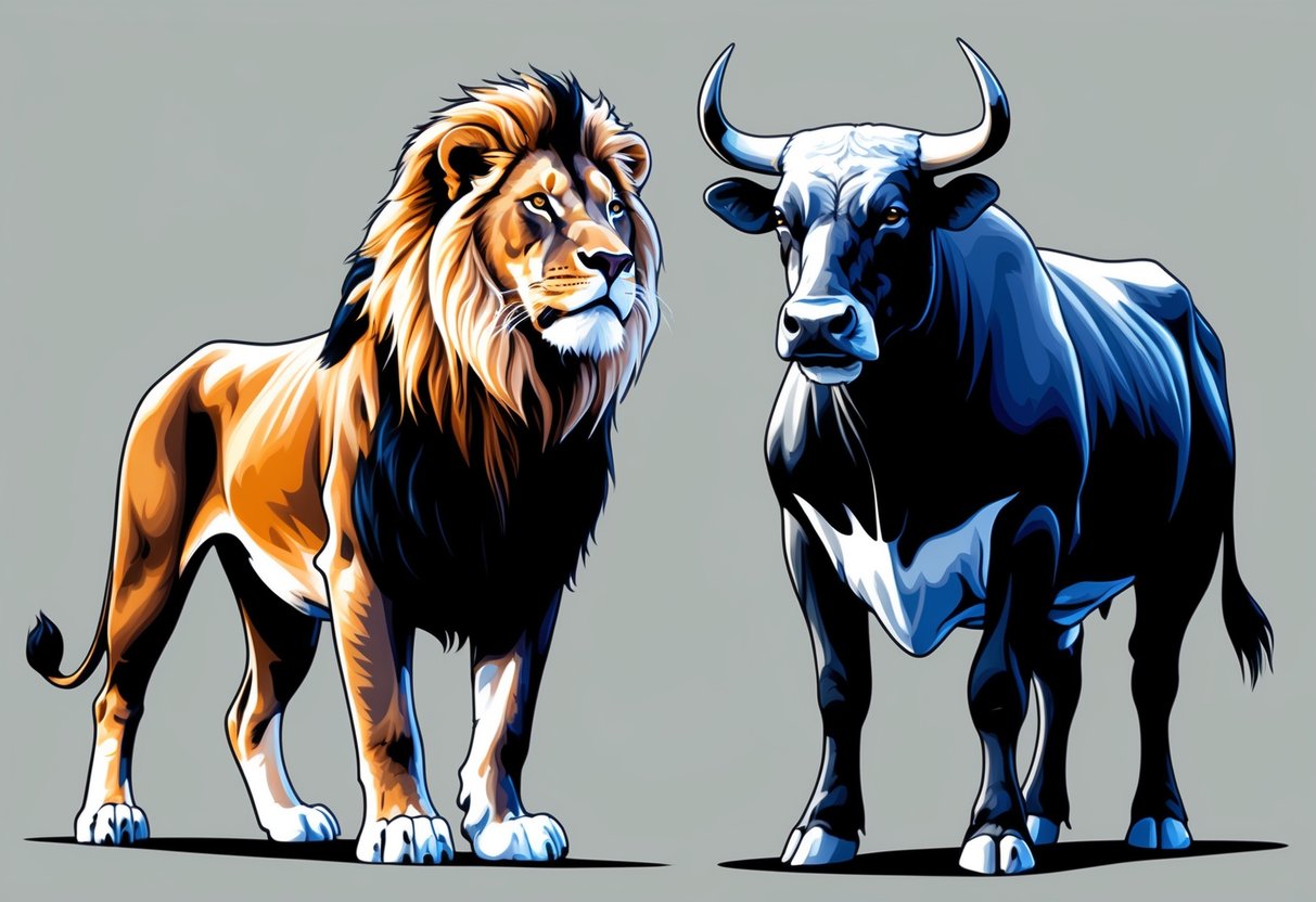 A proud lion and a sturdy bull stand face to face, their differences evident in their posture and demeanor. The lion exudes confidence, while the bull remains grounded and steadfast