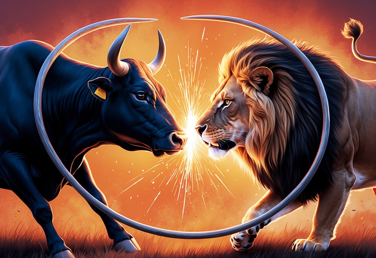 A bull and a lion circling each other, their eyes locked in a fiery gaze, sparks flying between them