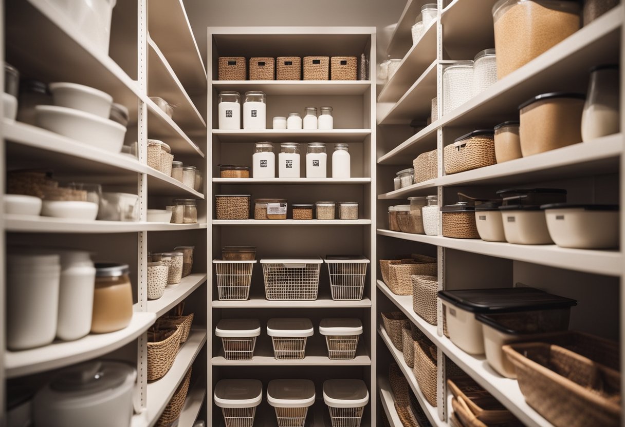 A neatly arranged pantry with labeled shelves and baskets for easy access and better organization