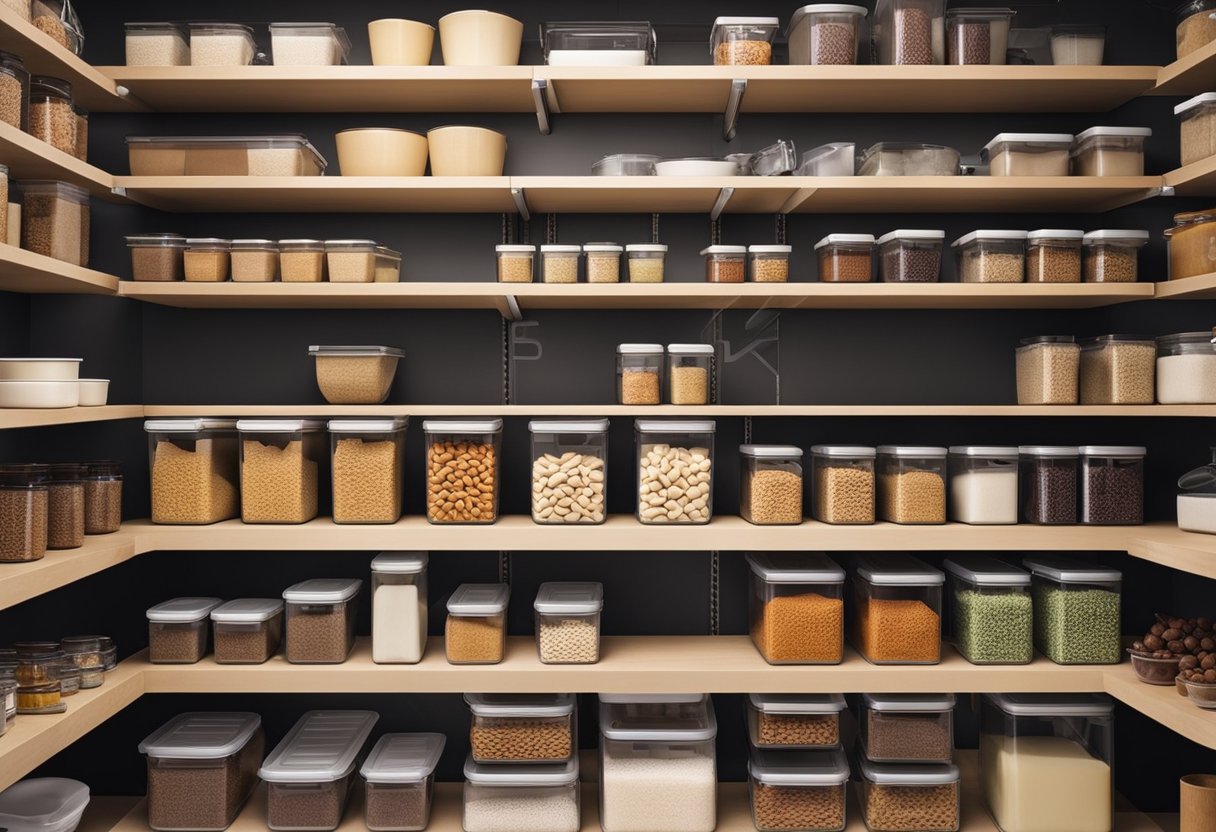 A small pantry with neatly organized shelves, labeled containers, and hanging racks for easy access to items